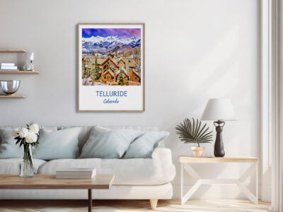 Modern living room with Telluride poster on wall.