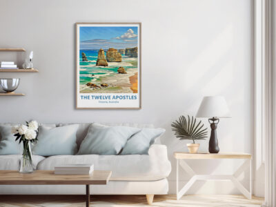 Modern living room with art of Twelve Apostles.