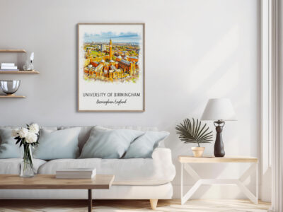 Framed University of Birmingham artwork in modern living room.