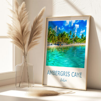Framed Ambergris Caye artwork by sunny window.