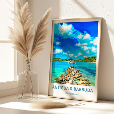 Antigua & Barbuda travel poster with beach scene.