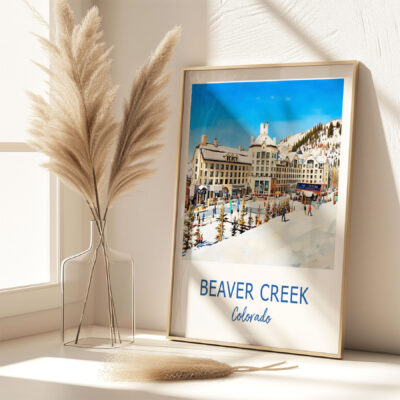 Framed Beaver Creek ski resort poster in sunlight.