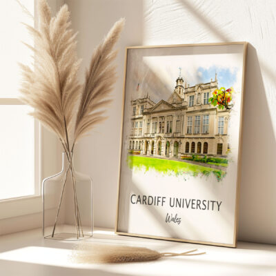 Cardiff University building illustration in frame.