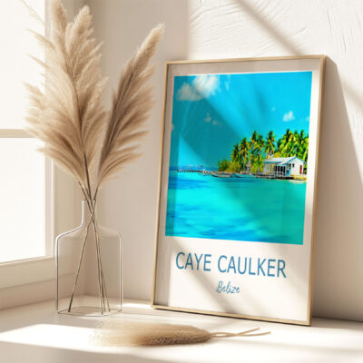 Framed Caye Caulker poster with pampas grass decor.