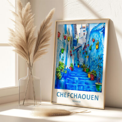 Framed Chefchaouen photo with pampas grass in vase.