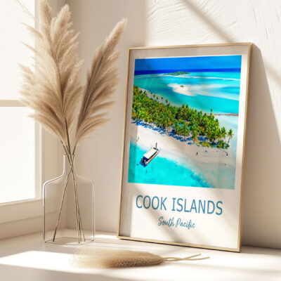 Cook Islands beach poster with vase of pampas grass.
