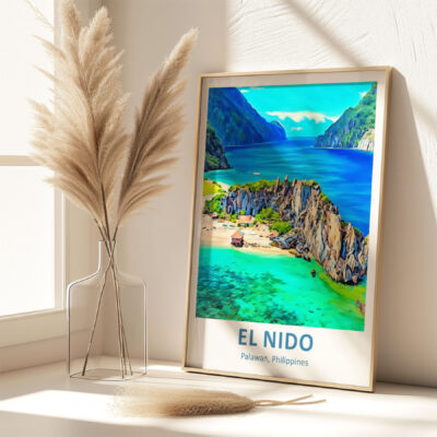 Framed El Nido poster beside pampas grass vase.