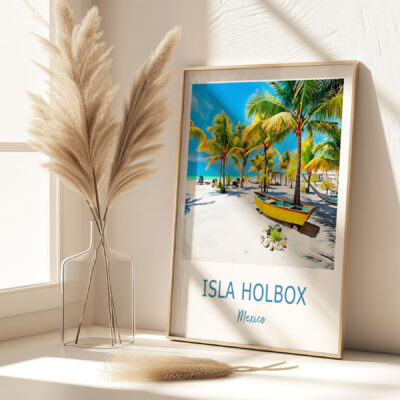 Framed Isla Holbox beach scene with palm trees.