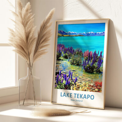 Framed Lake Tekapo print with vase of pampas grass.