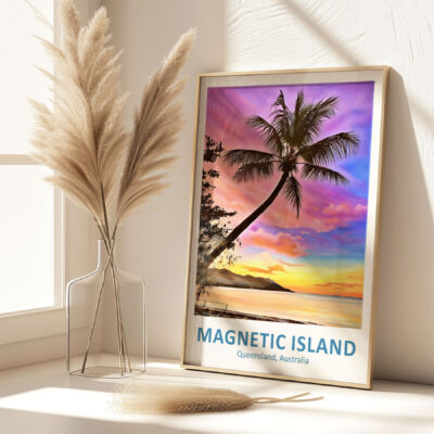 Framed Magnetic Island sunset poster with pampas grass.