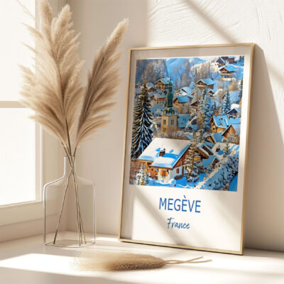 Framed Megève poster beside pampas grass vase.