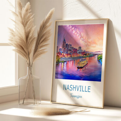 Nashville art print with riverboat and skyline.