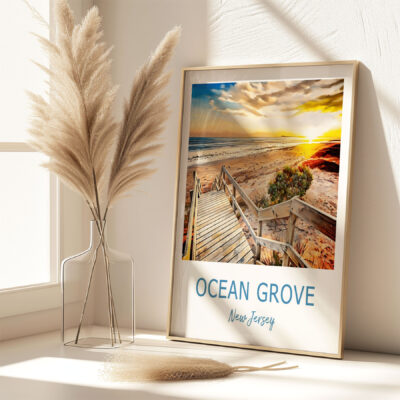 Ocean Grove beach sunset framed photo in sunlight.