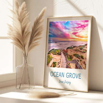 Ocean Grove sunset beach print in frame.