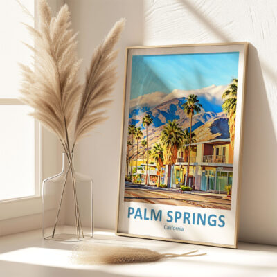Palm Springs poster beside pampas grass in vase.
