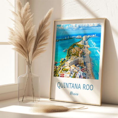 Framed Quintana Roo poster in sunny room with pampas.