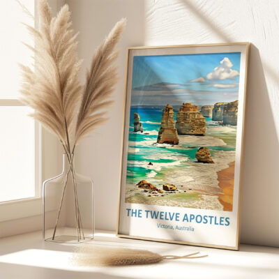Framed Twelve Apostles artwork beside vase in sunlight.