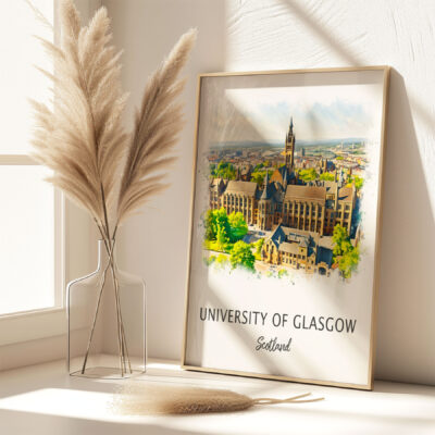 University of Glasgow framed art beside decorative vase.
