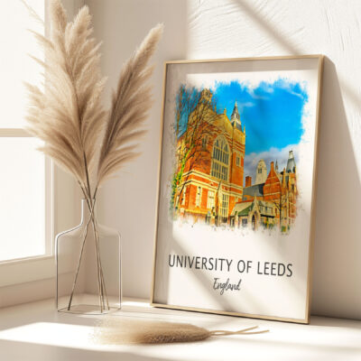University of Leeds framed artwork on table