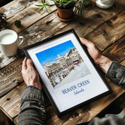Framed Beaver Creek Colorado art on wooden table.
