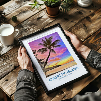 Framed Magnetic Island photo with tropical sunset.