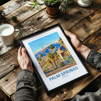 Hands holding framed Palm Springs poster, wooden table.
