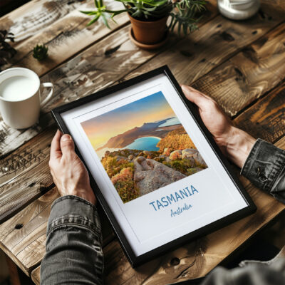 Framed Tasmania landscape photo on rustic table.