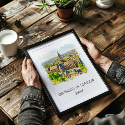 Framed University of Glasgow print on wooden table.