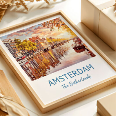 Framed Amsterdam canal artwork with autumn scenery.