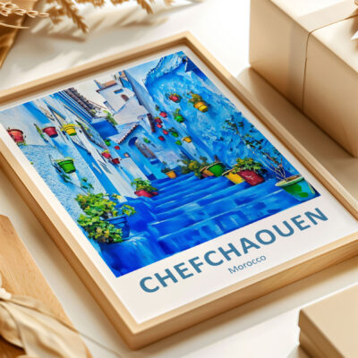 Colorful Chefchaouen streets artwork in wooden frame.