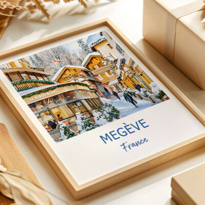 Framed Megève France winter scene illustration.
