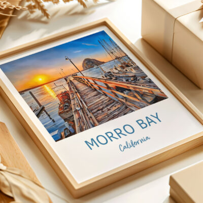 Morro Bay sunset artwork in wooden frame.