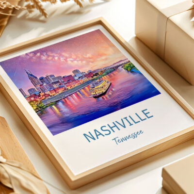Framed Nashville skyline art print with riverboat.
