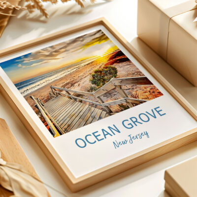 Ocean Grove beach sunset photo in wooden frame.