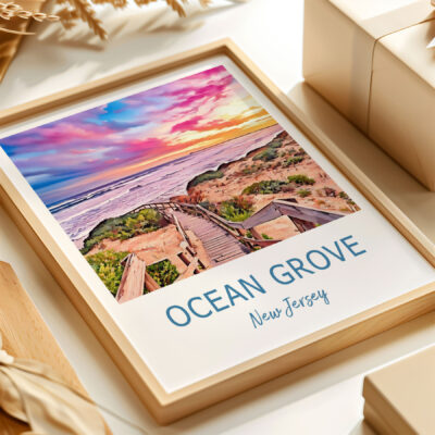 Ocean Grove beach sunset painting in frame.
