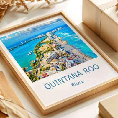 Framed aerial photograph of Quintana Roo, Mexico.