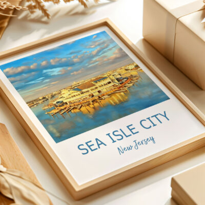 Colorful Sea Isle City harbor photo in wooden frame.