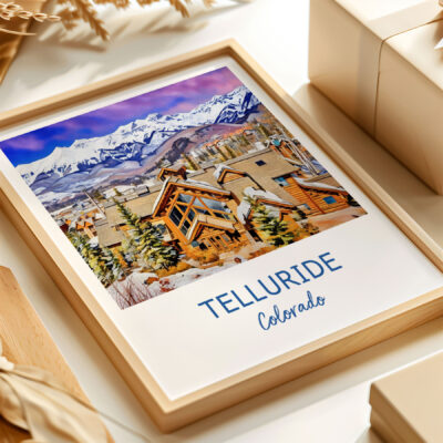 Framed Telluride Colorado painting with mountains.