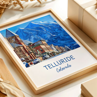 Framed photo of Telluride, Colorado with mountains.