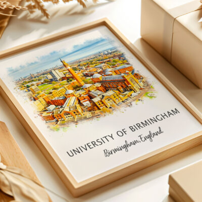 University of Birmingham watercolor illustration framed.