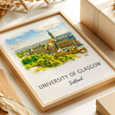 University of Glasgow artwork in wooden frame.