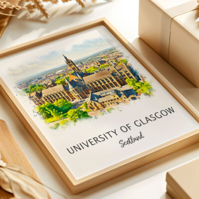 University of Glasgow framed illustration on desk.