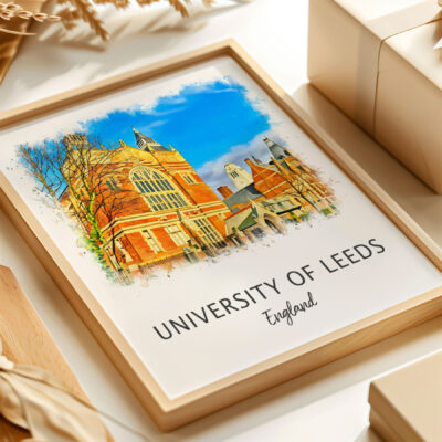 University of Leeds framed artwork on a table.