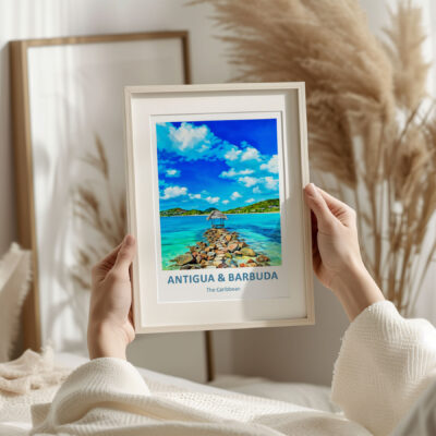 Hands holding Antigua & Barbuda travel poster.