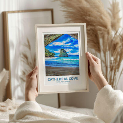 Framed photo of Cathedral Cove scenery.