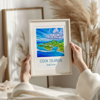 Framed Cook Islands painting held by two hands.