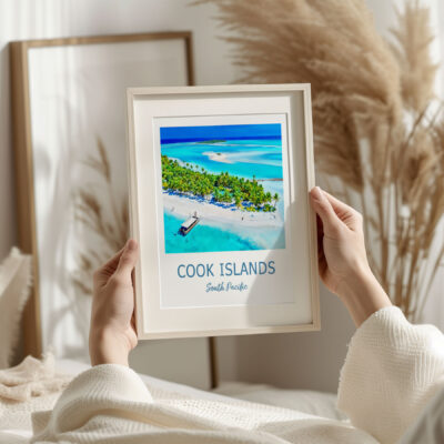 Person holding Cook Islands beach photo.