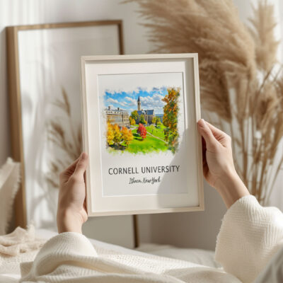 Framed Cornell University watercolor print in cozy setting.