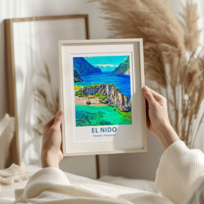 Hands holding El Nido landscape print.