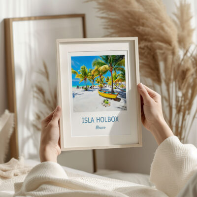 Person holding Isla Holbox beach photo frame.